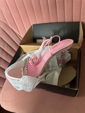 Fashion Nova Pink Crystal-Strap Heeled Sandal with Jeweled Heel